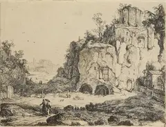 Jan van Noort, Die Landschaft mit dem Sibyllentempel von Tivoli, 1645, Etching