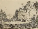 Jan van Noort, Die Landschaft mit dem Sibyllentempel von Tivoli, 1645, Etching