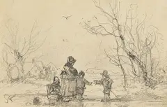 Adolf Stademann, Schlittschuh laufende Kinder am See, 1850, Pencil drawing