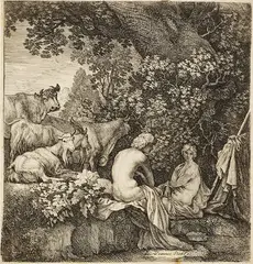 Mozes van Uytenbroeck, Arkadische Hirten an einem Weiher, 1640, Etching