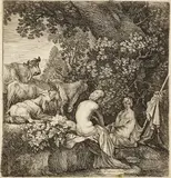 Mozes van Uytenbroeck, Arkadische Hirten an einem Weiher, 1640, Etching