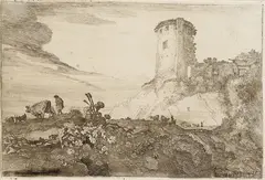 Mozes van Uytenbroeck, Landschaft mit Rundturm, 1630, Etching