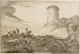 Mozes van Uytenbroeck, Landschaft mit Rundturm, 1630, Etching