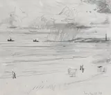 Lyonel Feininger, Bucht mit Strand und Dampfern am Horizont, 1911, Chalk drawing