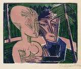 Menschen im Wald (Paar im Wald) by Conrad Felixmüller, 1918, Woodcut in colours, sold Mar 2007