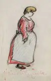 Heinrich Zille, Frau in rotem Kleid und blauer Schürze