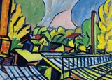Annemarie Jacob, Dorflandschaft mit Gewächshäusern, 1920, Gouache