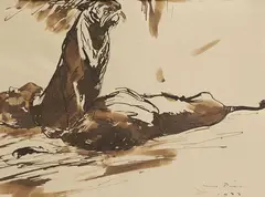 Otto Dill, 3 Bll.: Tiger und Löwe im Käfig. Schreitender Löwe. Dompteur mit Raubtieren, 1910, Pen and India ink