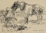 Otto Dill, 2 Bll.: Bäuerin auf Ochsenkarren. Bauer bei der Rast, Pen and India ink drawing