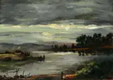 Gustav von Bechtolsheim, Flusslandschaft im Mondschein, 1870, Oil on cardboard