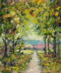Paula Wimmer, Baumallee, 1950, Oil on cardboard