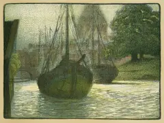 Carl Langhein, Frachtever im Hafen, 1910, Lithograph in colours