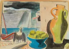 Christian Hess, Fensternische mit Krug, Schale und Taube, 1920, Watercolour