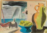 Christian Hess, Fensternische mit Krug, Schale und Taube, 1920, Watercolour