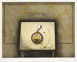Friedrich Meckseper, Tisch mit Uhr, 1967, Etching and aquatint in colours