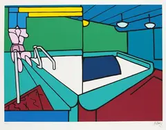 Valerio Adami, 2 Bll.: Schwimmbad. Sauna, 1971, Silkscreen in colours