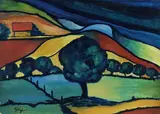 Heinrich Schlief, Baum vor hügeliger Landschaft, 1920, Oil on cardboard