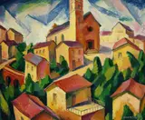 Carl Christoph Hartig, Stadt mit Kirche und Viadukt, Strahlen, 1919, Oil on canvas