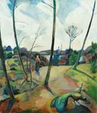Andreas Friis, Landschaft mit Pfauen, 1920, Oil on canvas