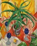 Hermann Mühlen, Stillleben mit einer Topfpflanze auf rotem Tuch, 1922, Oil on canvas