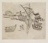 Franz Radziwill, Boote im Hafen mit Leuchtbarke, 1922, Etching