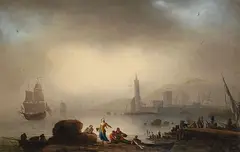 Alexander-Jean Noël, 2 Gemälde: Südliche Küstenlandschaften mit Fischern und Leuchtturm, 1800, Oil on canvas