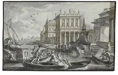 Hafenansicht mit Palast by Johann Wolfgang Baumgartner, 1750, Brush and ink drawing, sold Oct 2006