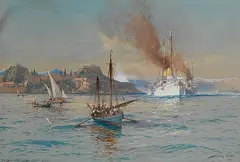 Willy Stöwer, S. M. Yacht "Hohenzollern" verlässt Corfu, 1913, Gouache