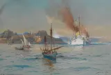 Willy Stöwer, S. M. Yacht "Hohenzollern" verlässt Corfu, 1913, Gouache