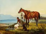 Franz Adam, Rastender Reiter am See, 1844, Oil on paper