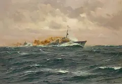 Claus Bergen, Deutsche Zerstörer auf der Wache in der Nordsee (Zerstörer "Karl Galster"), 1940, Oil on canvas