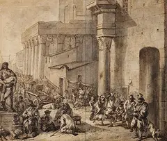 Thomas Wyck, Zugeschrieben - Figurenreiche Szene vor italienischen Gebäuden, Pen and ink drawing