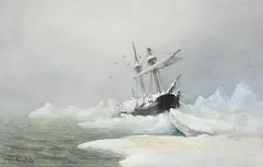 Louis Apol, Segelschiff im Eismeer eingeschlossen, 1880, Gouache