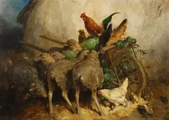 Eugène Cottin, Schafe und Hühner bei einer Schubkarre mit Heu, Oil on canvas