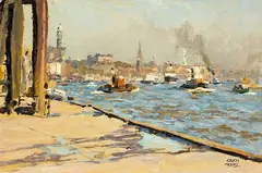 Hamburger Hafen by Erich Kips, Oil on cardboard, sold Oct 2006