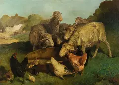 Eugène Cottin, Schafe und Hühner an einem Wassertrog in gebirgiger Landschaft, Oil on canvas