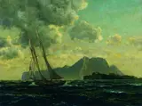 Michael Zeno Diemer, Schoner vor felsiger Küstenlandschaft mit Leuchtturm