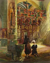 Arthur Midy, Interieur der Kapelle St. Fiacre, 1910, Oil on fibreboard