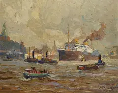 Erich Mercker, Dampfer "Europa" verlässt Hamburg, 1930, Oil on cardboard