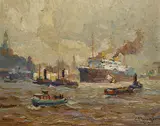 Erich Mercker, Dampfer "Europa" verlässt Hamburg, 1930, Oil on cardboard