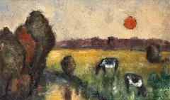 Landschaft mit zwei Kühen by Olga Bontjes van Beek, Oil on cardboard, sold Oct 2006