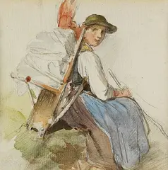Philipp Sporrer, Zugeschrieben - Sitzende Bauersfrau mit Kiepe, Watercolour