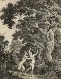 Carl Wilhelm Kolbe, 2 Bll.: Knorrige Eiche, davor greift ein Satyr eine Nymphe an. Reiter mit Lanze