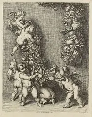 Alfred Delauney, Sechs Putti mit einem Feston nach Rubens, 1863, Etching