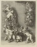 Alfred Delauney, Sechs Putti mit einem Feston nach Rubens, 1863, Etching