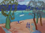 Gabriele Münter, Seeufer mit Bäumen (Bucht von Sanary-sur-mer), 1932, Oil on cardboard