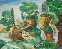 Natalia Goncharova, Passerelle au-dessus d'un torrent, 1904, Oil on canvas