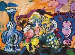 Ernst Hassebrauk, Schale mit Früchten und blauer holländischer Vase, 1971, Acrylic on fibreboard