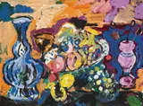 Ernst Hassebrauk, Schale mit Früchten und blauer holländischer Vase, 1971, Acrylic on fibreboard