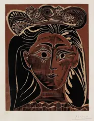Pablo Picasso, Portrait de Jacqueline au chapeau de paille fleuri, 1962, Linocut in colours